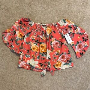 NanaMacs Vine & Love Coral Floral Off-Shoulder Blouse